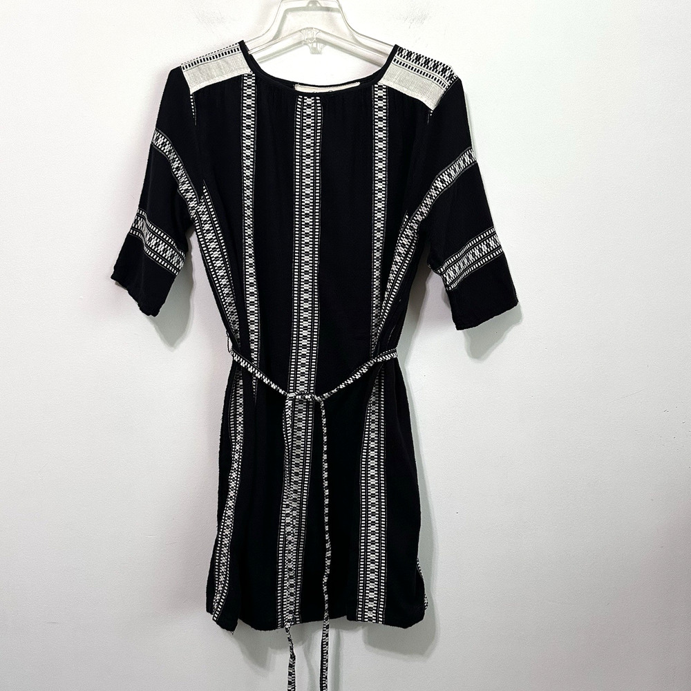 Ace & Jig Pullover Dress S Black Embroidered White Belt Cotton‎ Short Minimal
